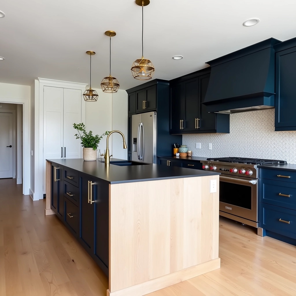 A modern kitchen with blue cabinets and warm wood floors.