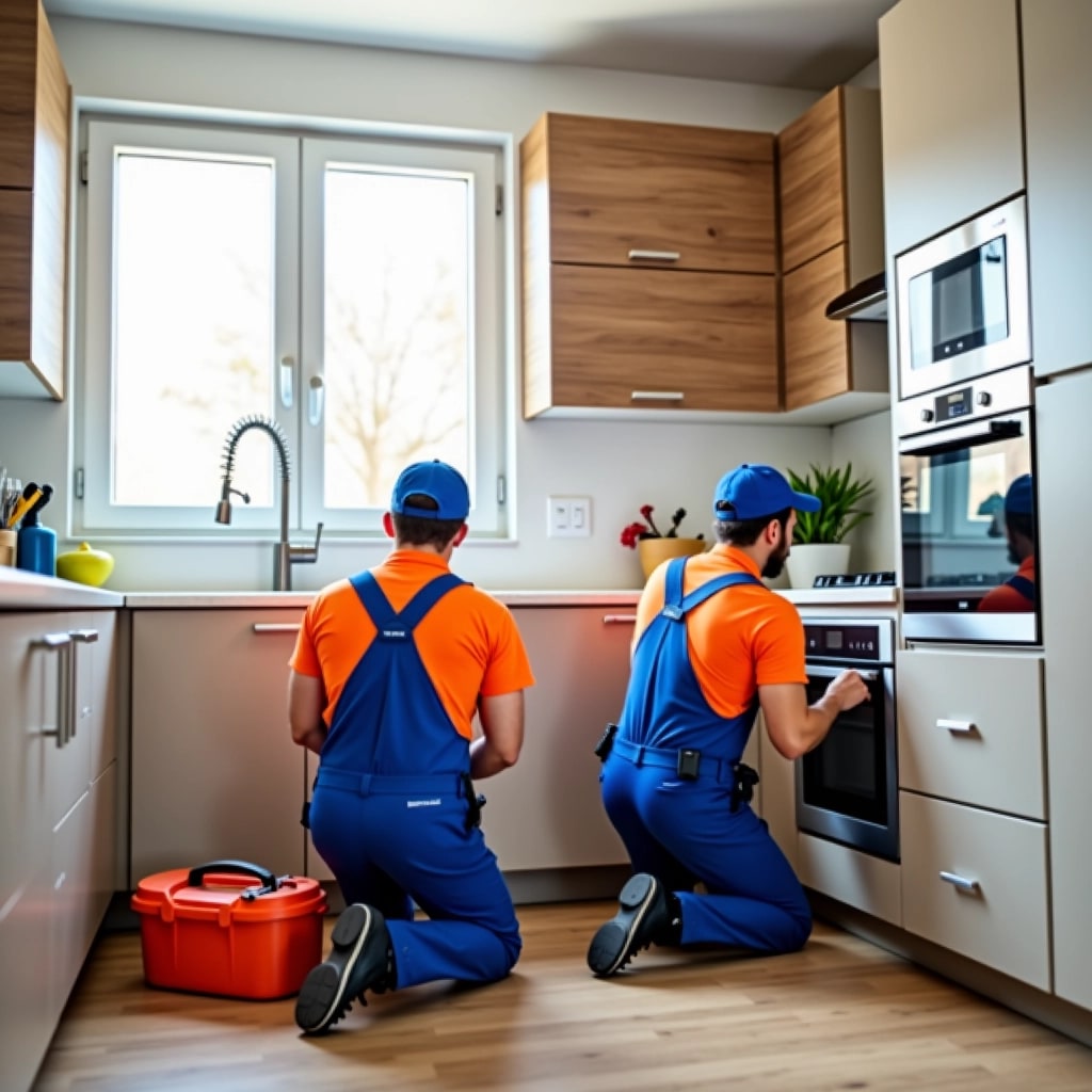 Two technicians in orange shirts and blue overalls inspect an oven in a modern kitchen.