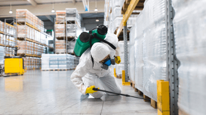 A person in a white suit sprays a shelf for cleanliness.