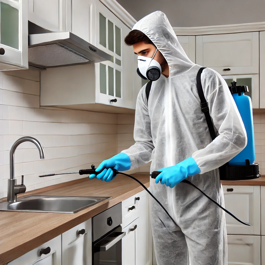 Young male contractor doing pest control at home