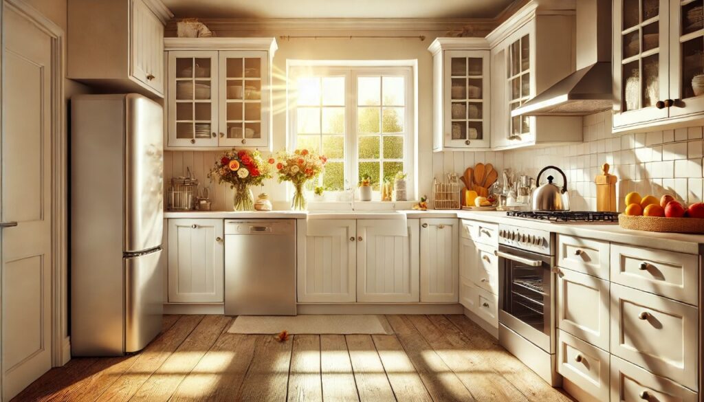 An image of a clean, pest-free kitchen filled with warm sunlight, showcasing hygiene and comfort