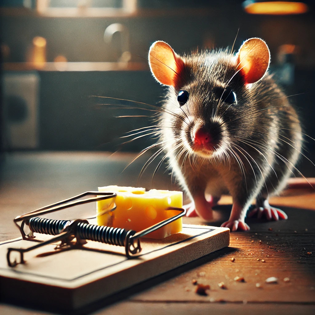 Rat near a mousetrap with cheese in a kitchen setting.
