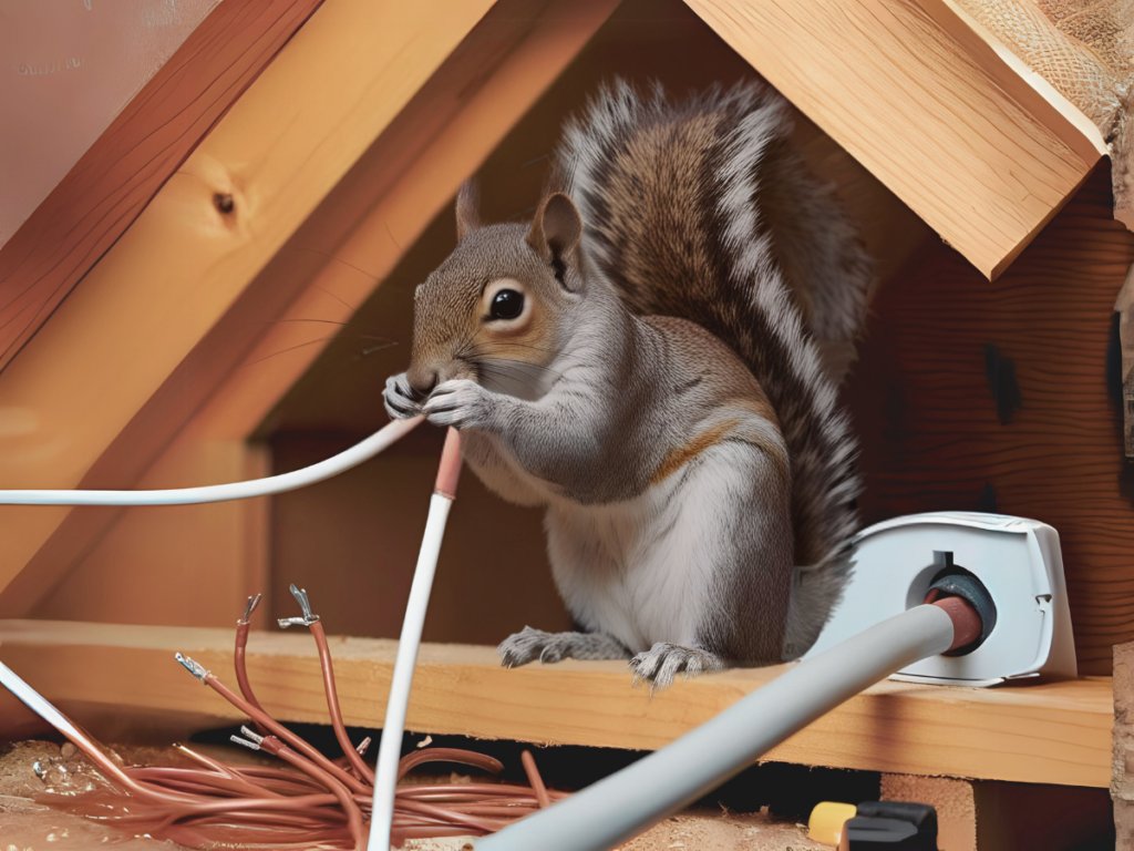 A photo of a squirrel biting cable wires