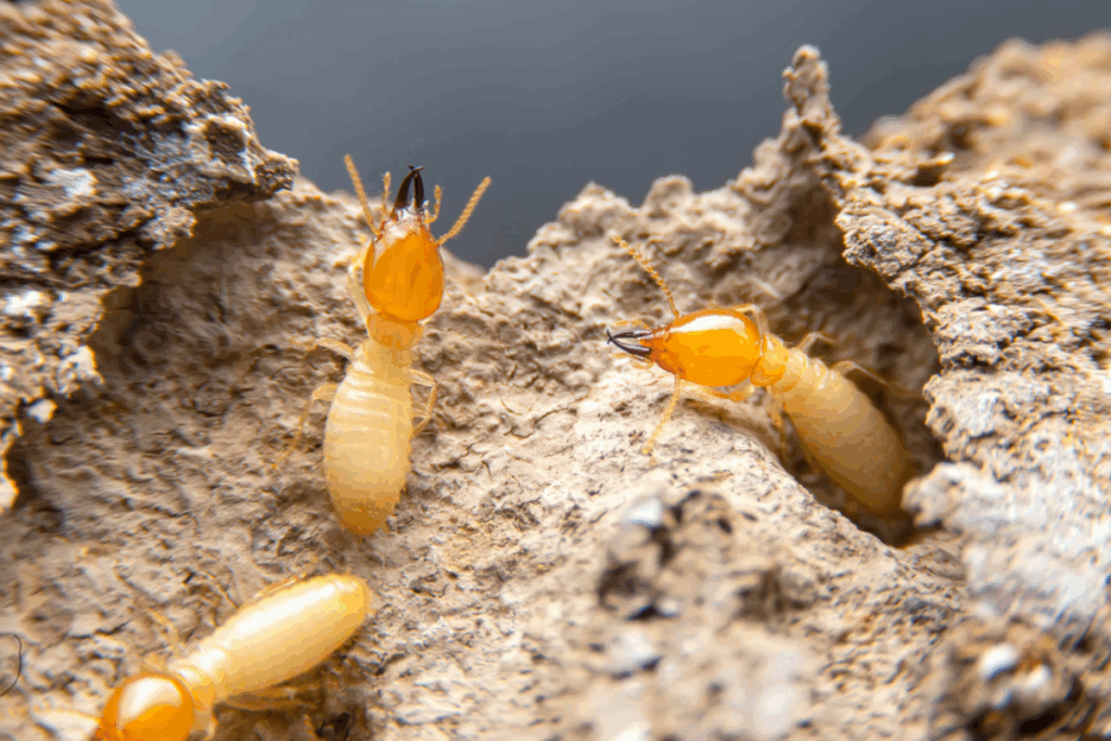 Close-up of termites on damaged wood.