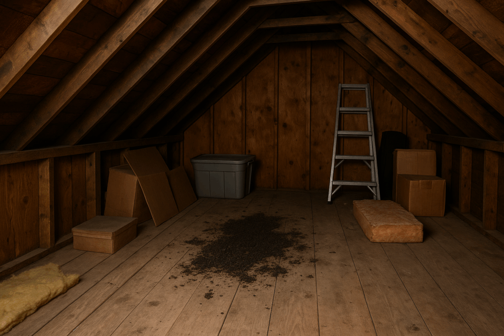 Attic with bat droppings on wooden floor, storage boxes, and a ladder.