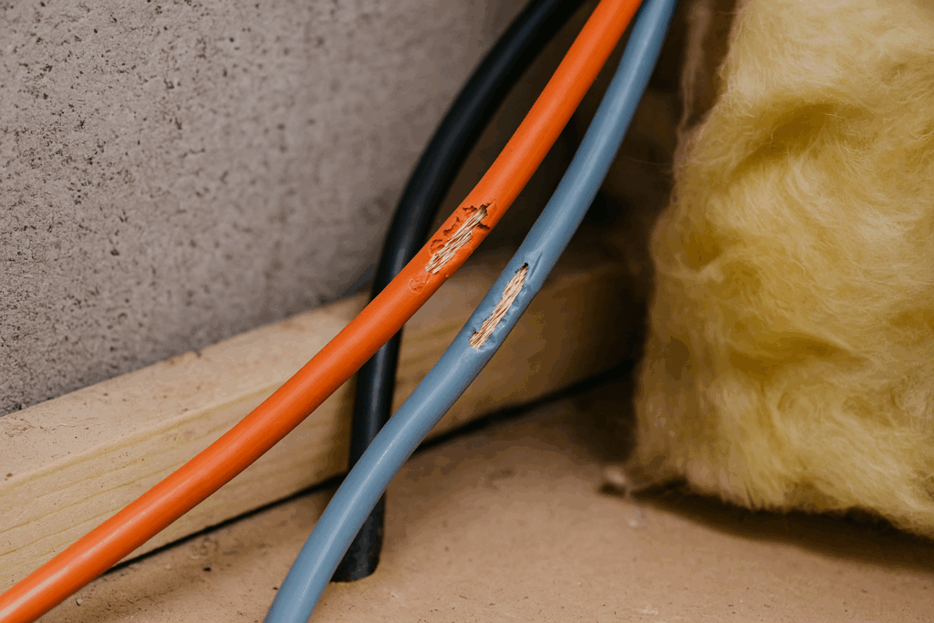 Rodent damage to wiring inside Eau Claire basement.