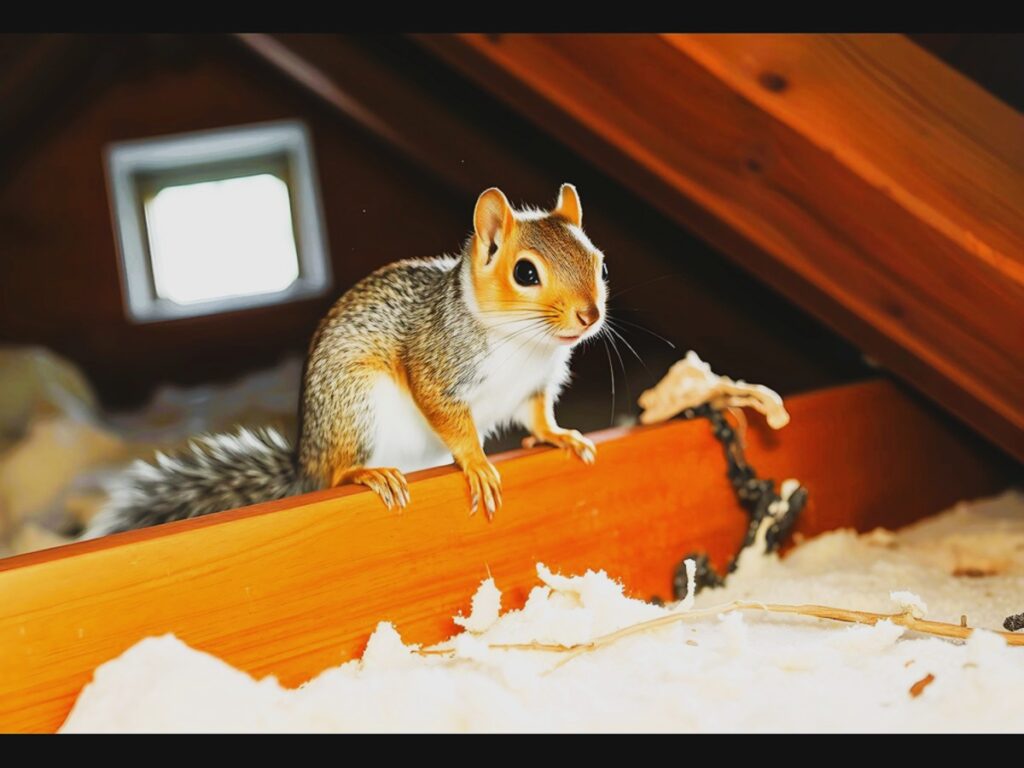 Squirrel inside attic near insulation and droppings.