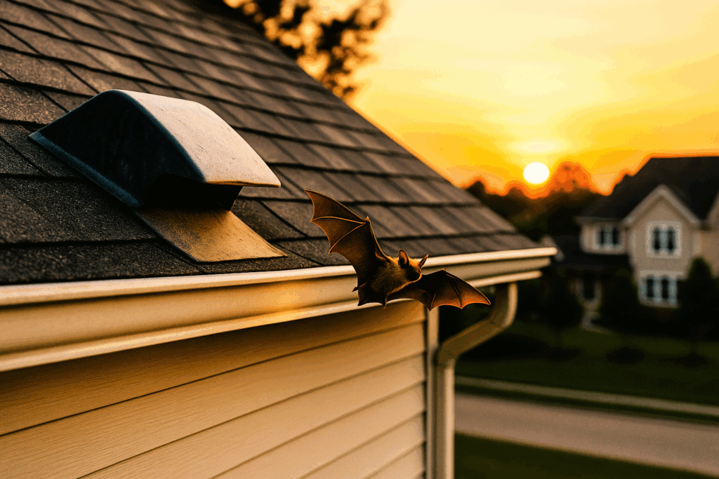 Bat flying out of roof vent at sunset in Woodbury.