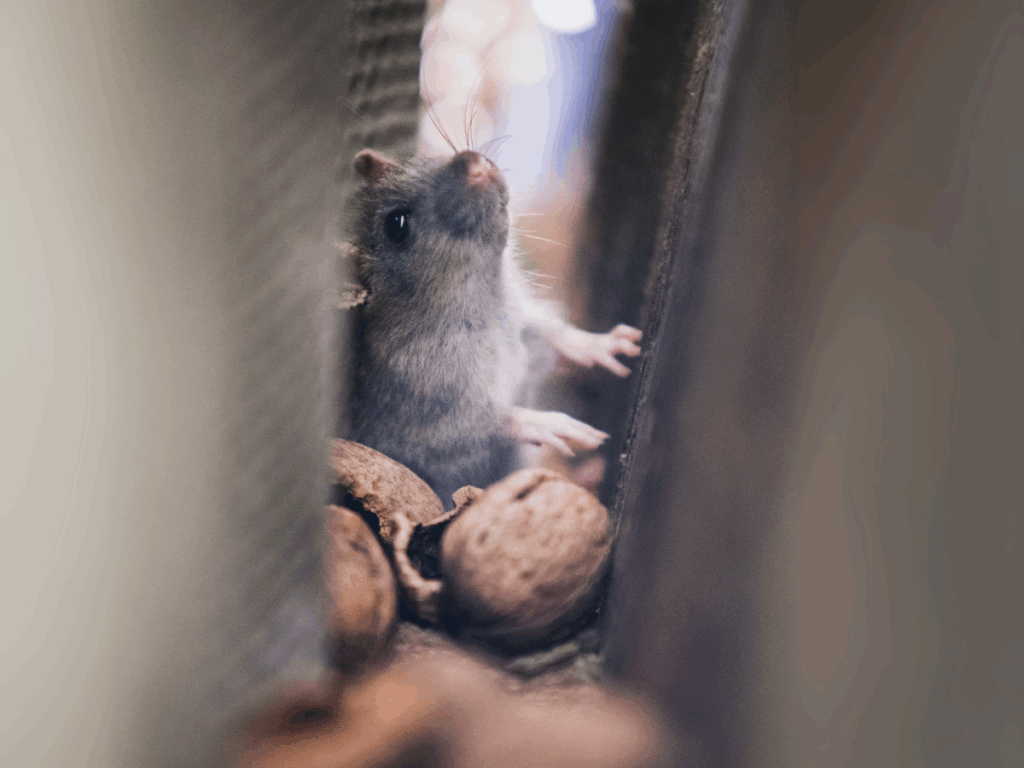 Mouse attempting to climb a narrow wall gap