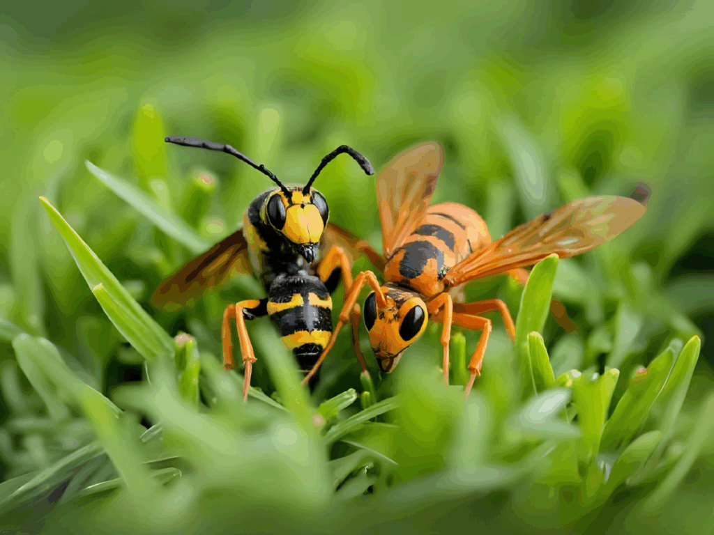 Hornet and wasp on green grass.