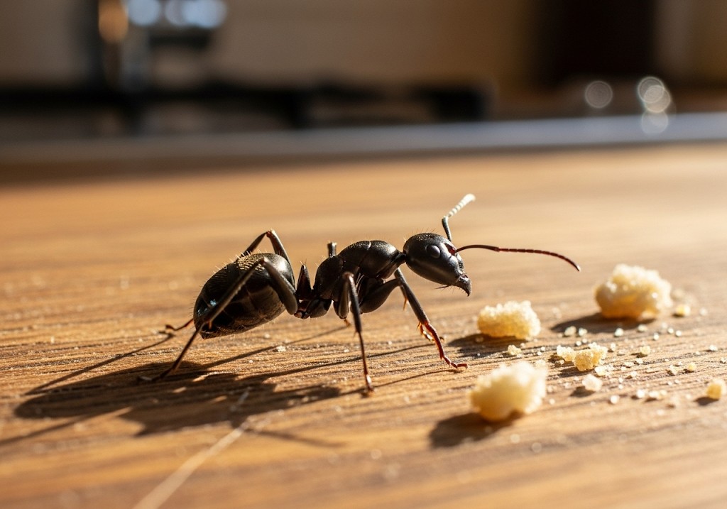 Close-up of a big black ant in a Wisconsin home showing identifying features