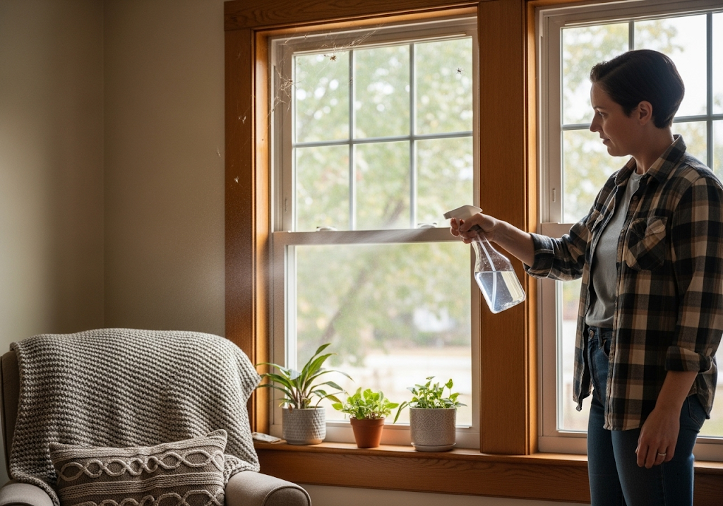 Homeowner using vinegar spray to keep spiders away in Wisconsin