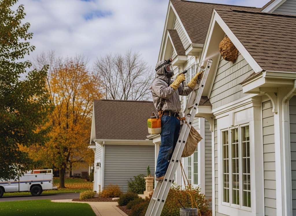 Technician safely removing a wasp nest from a home in Wisconsin