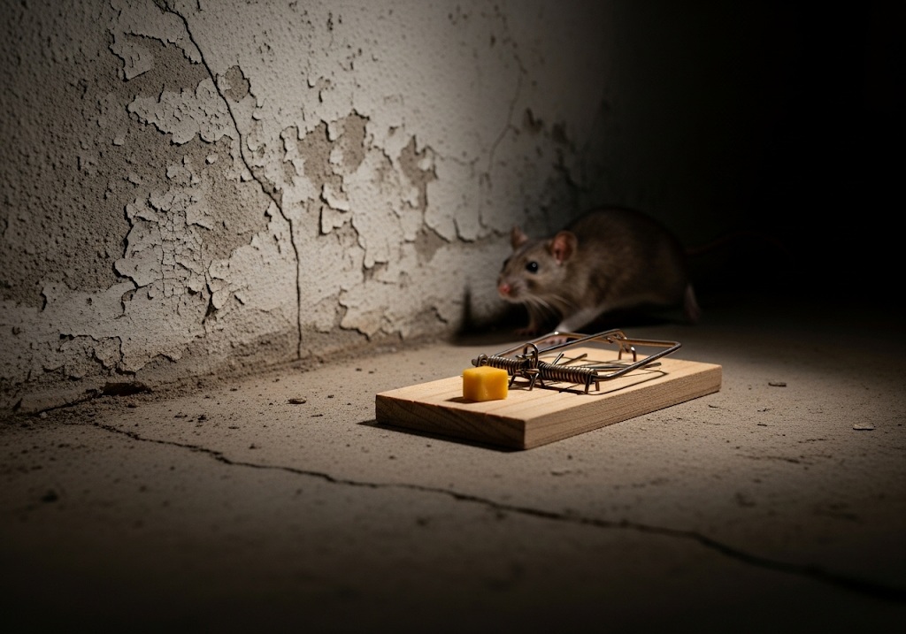 Rat sneaking past an untouched trap in a Wisconsin basement corner