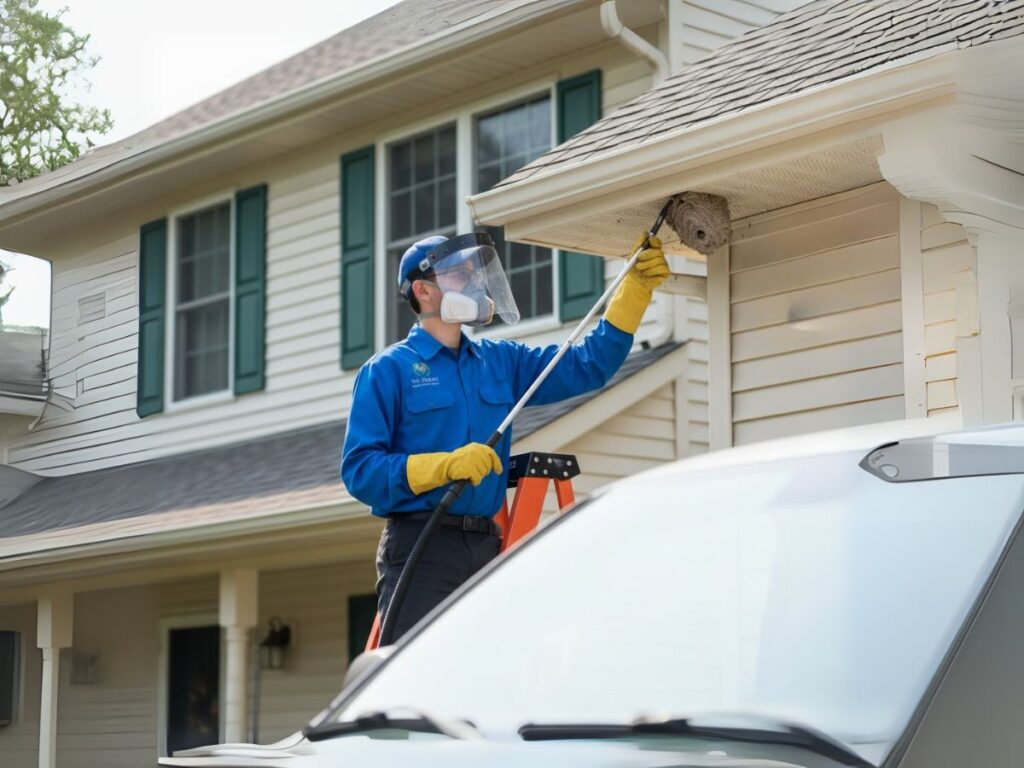 Technician in blue uniform carefully removing a wasp nest from a house roof eave.